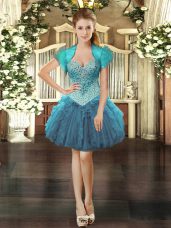 Dramatic Teal Organza Lace Up Sweetheart Sleeveless Mini Length Beading and Ruffles