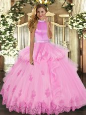 Rose Pink Backless Sweet 16 Dress Beading and Ruffles Sleeveless Floor Length
