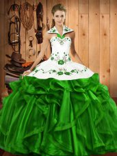 Ball Gowns Embroidery and Ruffles Sweet 16 Dresses Lace Up Satin and Organza Sleeveless Floor Length