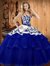 Royal Blue Organza Lace Up Sweet 16 Dresses Sleeveless Sweep Train Embroidery