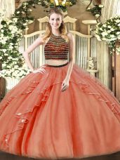 Elegant Rust Red Sleeveless Floor Length Beading and Ruffles Zipper Ball Gown Prom Dress