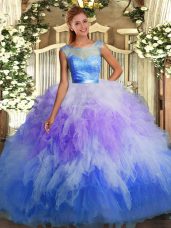 Multi-color Tulle Backless Scoop Sleeveless Floor Length Quinceanera Gowns Beading and Ruffles