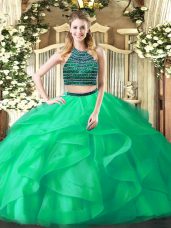 Comfortable Turquoise Zipper Halter Top Beading and Ruffles Quinceanera Dress Organza Sleeveless