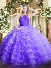 Noble Ruffled Layers Sweet 16 Dresses Lavender Zipper Sleeveless Floor Length