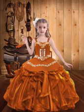 Orange Lace Up Straps Embroidery and Ruffles Little Girls Pageant Dress Organza Sleeveless