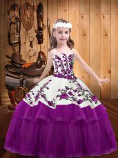 High Quality Fuchsia Organza and Tulle Lace Up Little Girls Pageant Dress Sleeveless Floor Length Embroidery