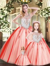 Eye-catching Tulle Scoop Sleeveless Lace Up Beading Sweet 16 Dress in Red