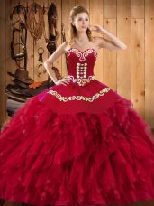 Comfortable Sweetheart Sleeveless Lace Up Quinceanera Gown Wine Red Satin and Organza