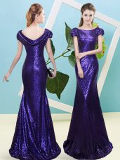 Scoop Cap Sleeves Floor Length Sequins Purple Sequined