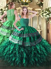 Floor Length Zipper Quinceanera Dress Dark Green for Military Ball and Sweet 16 and Quinceanera with Beading and Lace and Ruffles