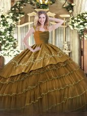 Brown Straps Neckline Embroidery and Ruffled Layers Quinceanera Dresses Sleeveless Zipper