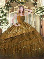 Brown Straps Neckline Embroidery and Ruffled Layers Quinceanera Dresses Sleeveless Zipper
