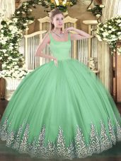 Great Apple Green Tulle Zipper Straps Sleeveless Floor Length 15 Quinceanera Dress Appliques