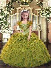 Eye-catching Olive Green Organza Lace Up Straps Sleeveless Floor Length Little Girl Pageant Gowns Beading and Ruffles