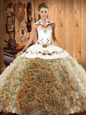 Amazing Multi-color Fabric With Rolling Flowers Lace Up Halter Top Sleeveless Quinceanera Gowns Sweep Train Embroidery