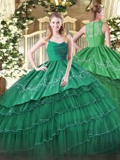 Sleeveless Organza Floor Length Zipper Sweet 16 Quinceanera Dress in Green with Embroidery and Ruffled Layers