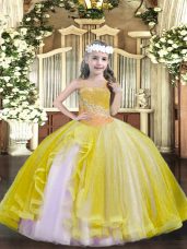 Classical Floor Length Lace Up Pageant Gowns Light Yellow for Party and Quinceanera with Beading
