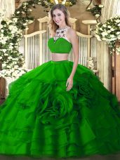 Floor Length Green 15 Quinceanera Dress High-neck Sleeveless Backless