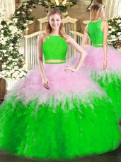 Ideal Multi-color Tulle Zipper Scoop Sleeveless Floor Length Quinceanera Gown Ruffles