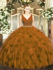 Tulle V-neck Sleeveless Zipper Beading and Ruffles 15 Quinceanera Dress in Brown