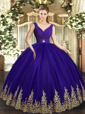 Edgy Purple Tulle Backless Quinceanera Dresses Sleeveless Floor Length Beading and Appliques