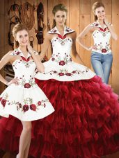 Wine Red Halter Top Lace Up Embroidery and Ruffled Layers Sweet 16 Quinceanera Dress Sleeveless