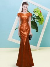 Floor Length Rust Red Evening Dress Sequined Cap Sleeves Sequins
