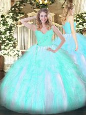 Ball Gowns Quince Ball Gowns Aqua Blue Spaghetti Straps Organza Sleeveless Floor Length Zipper