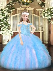 Perfect Baby Blue Sleeveless Beading and Ruffles Floor Length Kids Formal Wear
