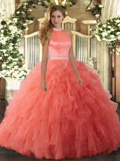 New Arrival Halter Top Sleeveless Quinceanera Gown Floor Length Beading and Ruffles Orange Red Organza