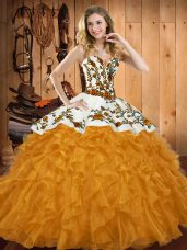Custom Designed Ball Gowns Vestidos de Quinceanera Gold Sweetheart Satin and Organza Sleeveless Floor Length Lace Up