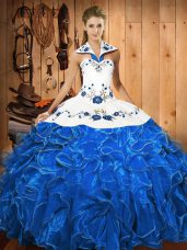Floor Length Lace Up Quince Ball Gowns Blue And White for Military Ball and Sweet 16 and Quinceanera with Embroidery and Ruffles