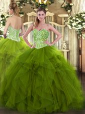 Beading and Ruffles Vestidos de Quinceanera Olive Green Lace Up Sleeveless Floor Length