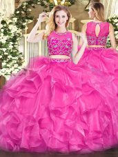 Dazzling Floor Length Hot Pink 15 Quinceanera Dress Scoop Sleeveless Zipper