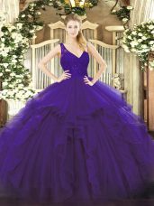 Affordable Purple V-neck Zipper Beading and Ruffles Vestidos de Quinceanera Sleeveless