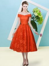 Rust Red Cap Sleeves Tea Length Bowknot Lace Up Damas Dress