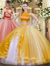 Edgy Gold Criss Cross High-neck Ruffles Quince Ball Gowns Tulle Sleeveless