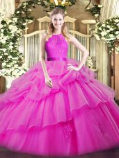 Stylish Fuchsia Sleeveless Lace and Ruffled Layers Floor Length Vestidos de Quinceanera