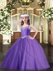 Straps Sleeveless Tulle Kids Pageant Dress Beading Sweep Train Lace Up