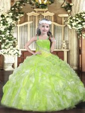 Unique Beading and Ruffles Girls Pageant Dresses Yellow Green Lace Up Sleeveless Floor Length