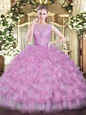New Style Sleeveless Floor Length Beading and Ruffled Layers Backless 15 Quinceanera Dress with Lilac