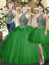 High-neck Sleeveless Ball Gown Prom Dress Floor Length Beading and Ruffles Dark Green Tulle