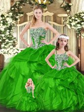 Sleeveless Floor Length Beading and Ruffles Lace Up Vestidos de Quinceanera with Green