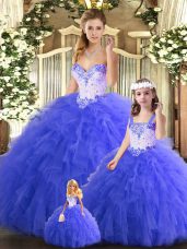 Sweetheart Sleeveless Sweet 16 Quinceanera Dress Floor Length Beading and Ruffles Blue Tulle