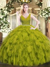 Olive Green Ball Gowns Beading and Ruffles Vestidos de Quinceanera Zipper Tulle Sleeveless Floor Length