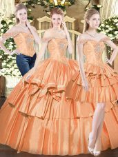 Organza Off The Shoulder Sleeveless Lace Up Beading and Ruffled Layers 15th Birthday Dress in Orange Red