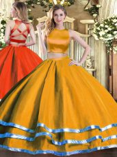Floor Length Orange Quince Ball Gowns Tulle Sleeveless Ruching