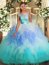 Pretty Multi-color Scoop Backless Lace and Ruffles 15 Quinceanera Dress Sleeveless
