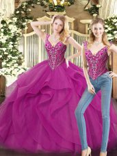 Sleeveless Floor Length Beading and Ruffles Lace Up Ball Gown Prom Dress with Fuchsia