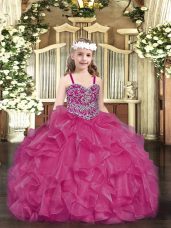 Charming Fuchsia Straps Neckline Beading and Ruffles Little Girls Pageant Dress Wholesale Sleeveless Lace Up